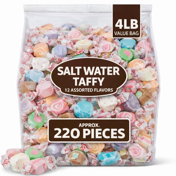 Salt Water Taffy 12 Assorted Flavors | 4 Pounds | Individually Wrapped Bulk Nostalgia Candy | (Approx. 220 Pieces) Great For Any Occasion!