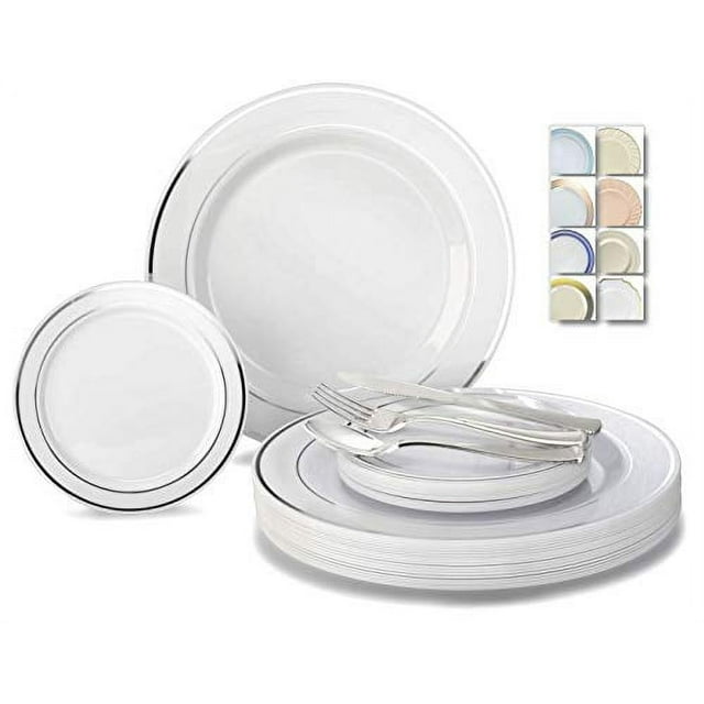 " OCCASIONS " 300 Pcs Set & 60 Guest Wedding Disposable Plastic Plate & Silverware Combo Set (White & Silver rim plates, Silver Silverware)