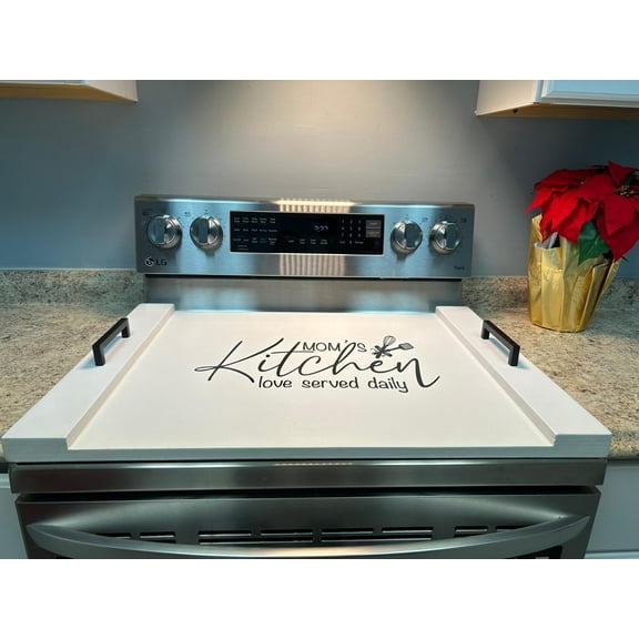 Decorative Wood Stove top cover/Noodle Board- White- "Mom's Kitchen"