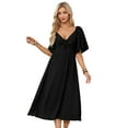 thumbnail image 4 of Baywell Summer Dress for Women 2024 Casual Short Sleeve Bow Tie V Neck Ruffle Maxi Flowy Dresses High Waist Midi Dresses Black L, 4 of 5