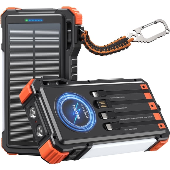 BLAVOR 45W Solar Charger Power Bank 20000mAh Wireless Portable Charger Built-in Cables, PD QC Fast Charging Battery Pack with USB-C for iPhone, Samsu