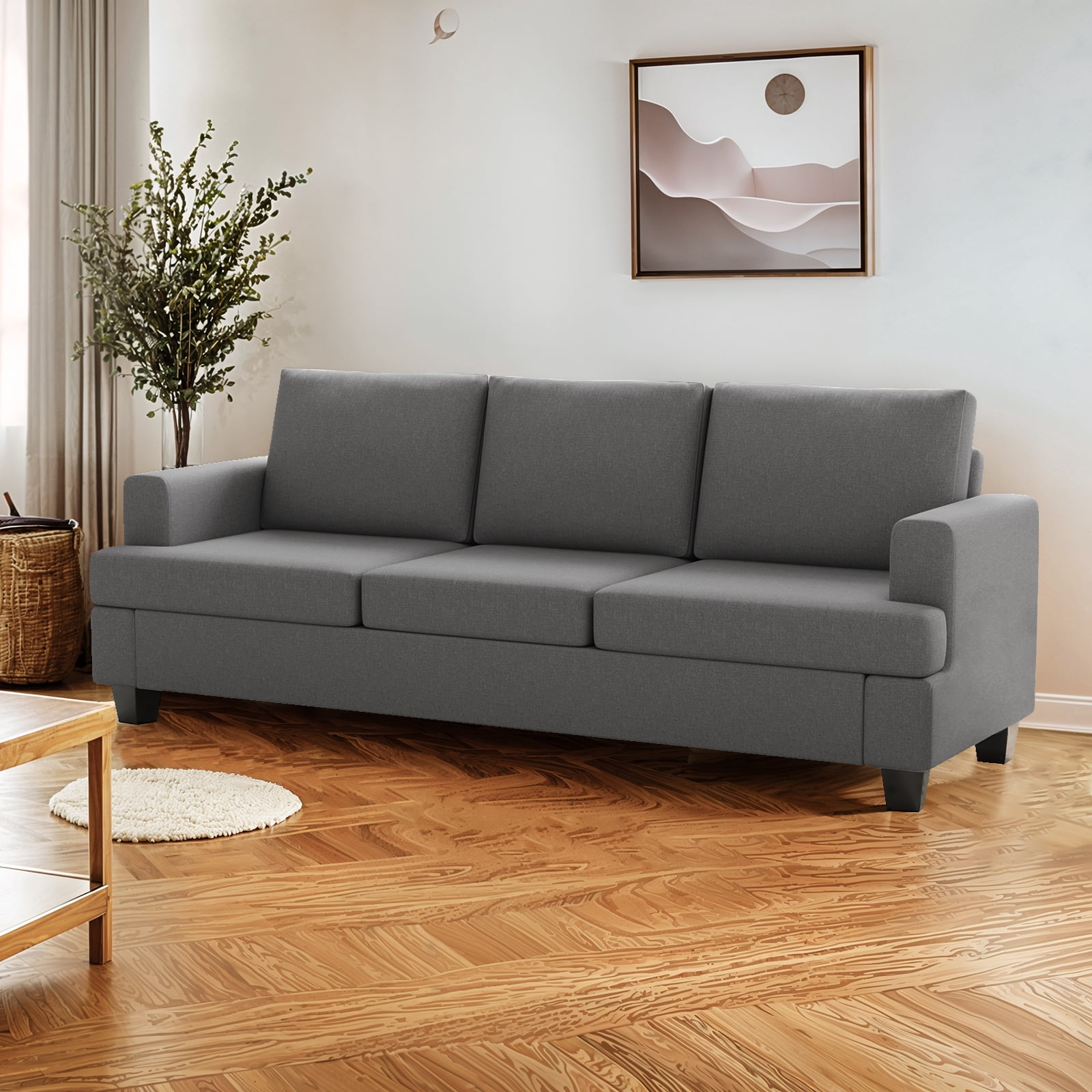 Furniliving 84.75” 3 Seater Sofa Couch, Modern Upholstered Sofa with Extra Deep Seats, Linen Fabric Sofa for Living Room Apartment Lounge, (Dark Gary)