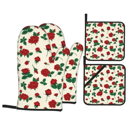 

Oven Mitts and Pot Holders 4 Piece Rose Flowers High Heat Slip Resistant Oven Mitt and Trivets Set Kitchen Oven Glove Pot Holders for Cooking Baking Grilling