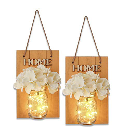 Mason Jar Hanging Candle Sconce Wall Sconce with LED Fairy Lights and Flowers 