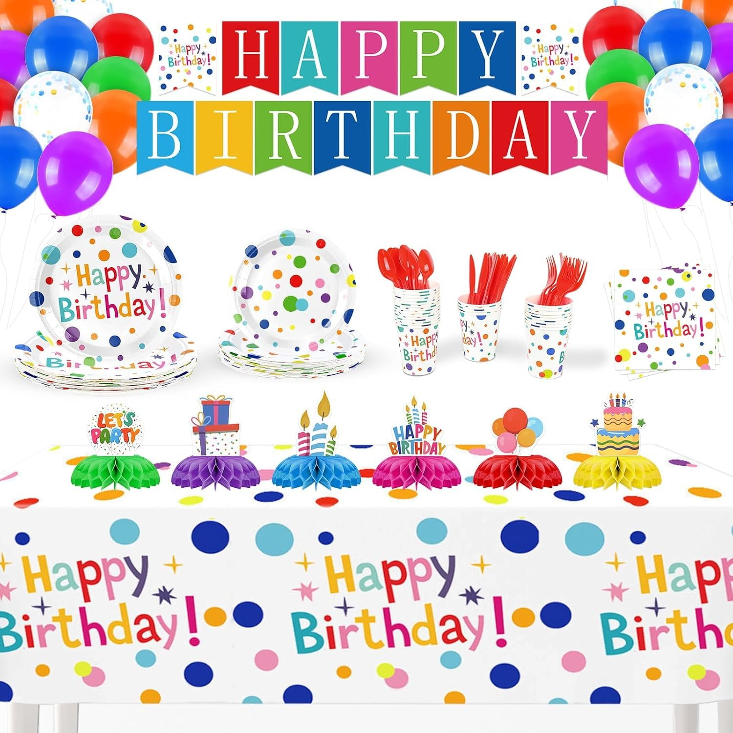 Happy Birthday Decorations - 226 count Colorful Polka Dots Birthday Party Supplies Set with Plates Napkins Cups Tablecloth Banner Balloons & Centerpieces Serves 25