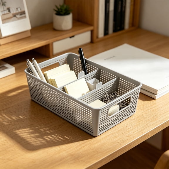 Gallickan White Plastic Divided Storage Basket with Removable Inserts Multi-Compartment Organizer 10.86in for Home Office Bathroom Counter Shelf