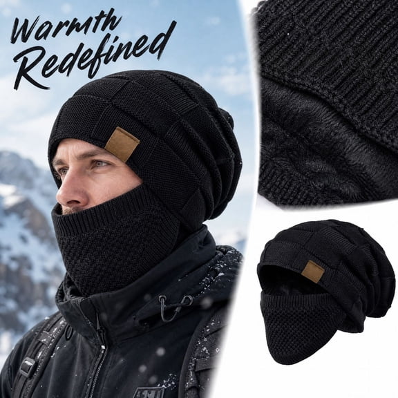 Trgacdwlo 2‑in‑1 Fleece Lined Balaclava Knit Beanie Hat Unisex Warm Windproof Skull Cap with Face Mask Thermal Hat Fall Winter Outdoor Cycling Hiking Snow Sports Black