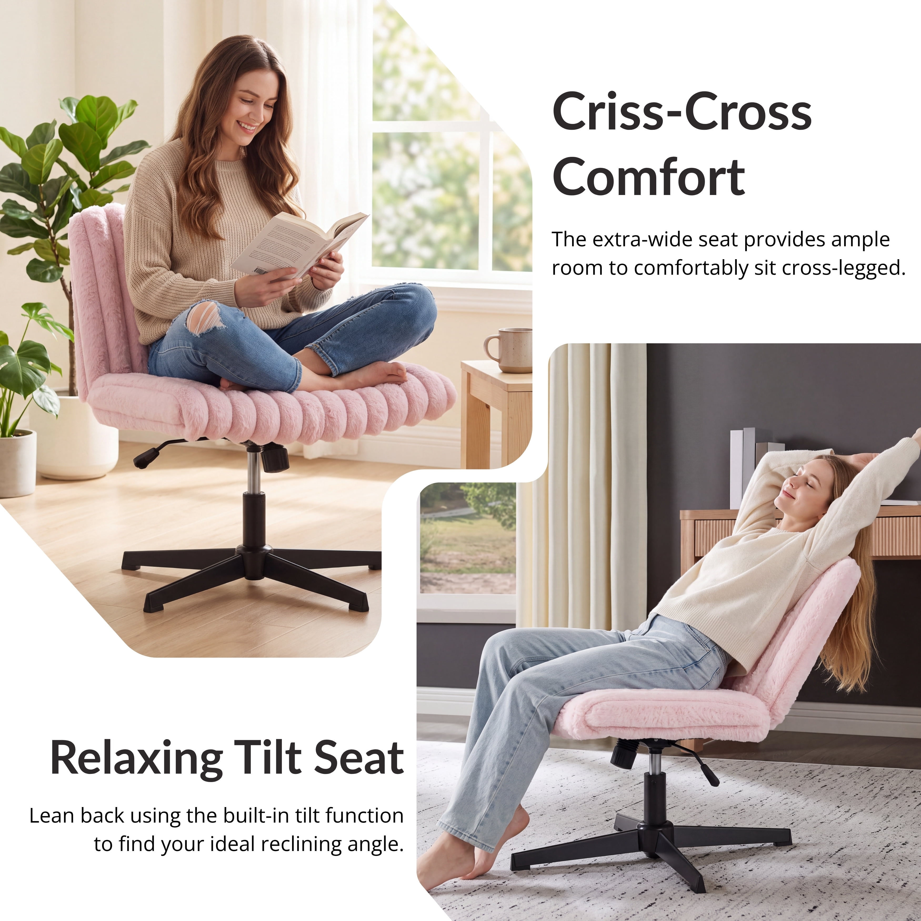 Roundhill Blynn Adjustable Swivel Criss Cross Chair, Wide Seat Office Chair Vanity Chair, Pink