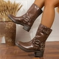 thumbnail image 4 of Buckle Mid Calf Motorcycle Riding Boots for Women Fashion Studded Punk Square Toe Wide Calf Cowboy Booties, 4 of 6