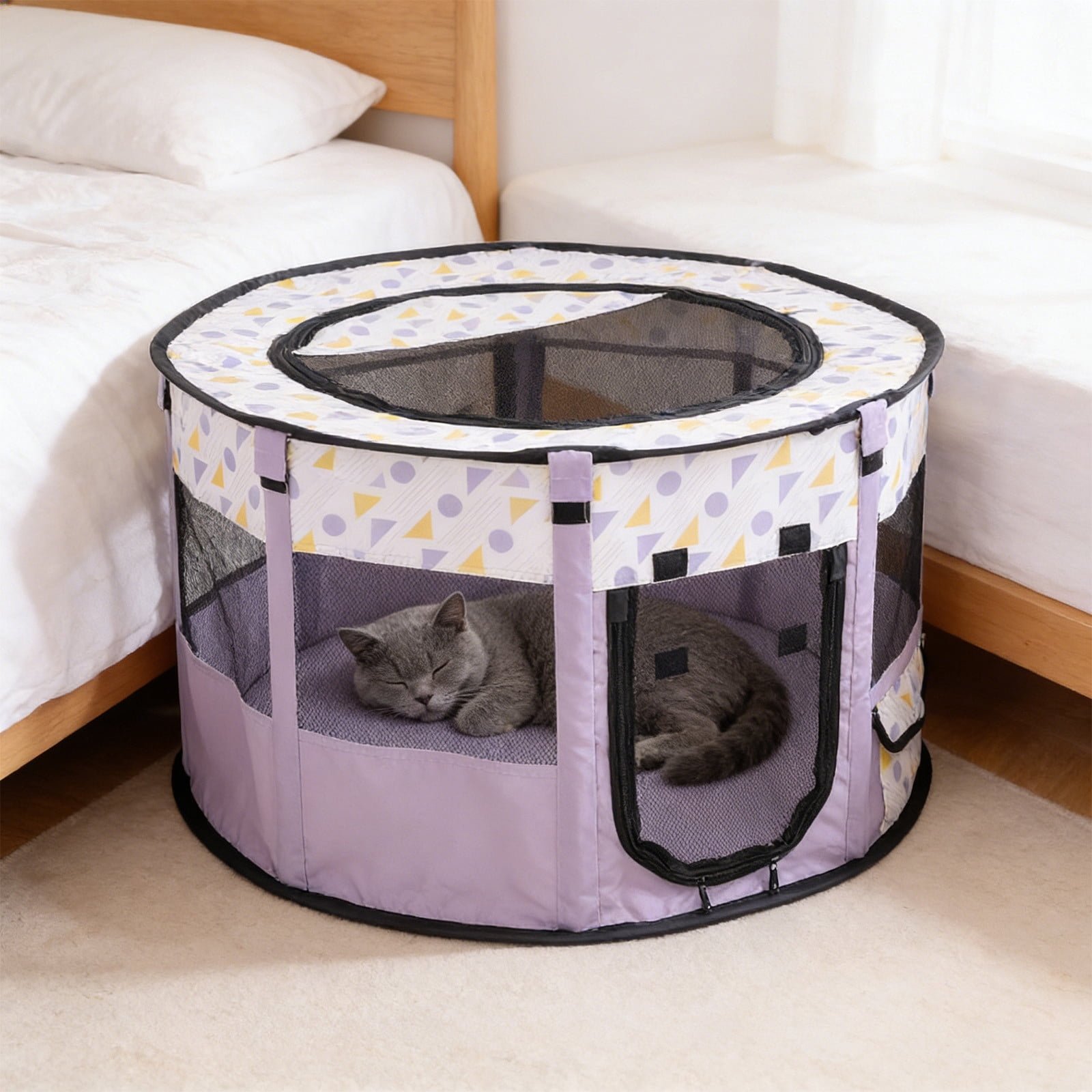 Portable Pet Cat Playpen, Round Cat Cages Indoor Collapsible Dog Crates Tent Kennel Playpen Indoor & Outdoor (Purple)