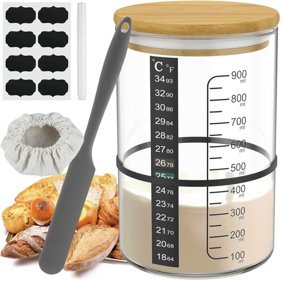 Ihvewuo Sourdough Starter Jar Kit 900ml Sourdough Starter Container Clear Glass Cup Wide Mouth with Wooden Lid Thermometer Strip Spatula Rubber Band Cloth Cover Lable Pen for Bread Baking