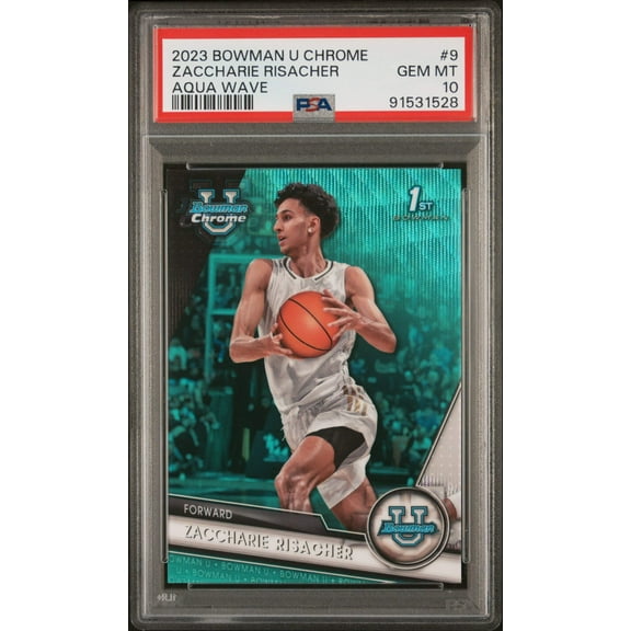 Graded 2023 Topps Bowman U Chrome Zaccharie Risacher #9 Aqua Wave #/299 Rookie RC Basketball Card PSA 10 Gem Mint
