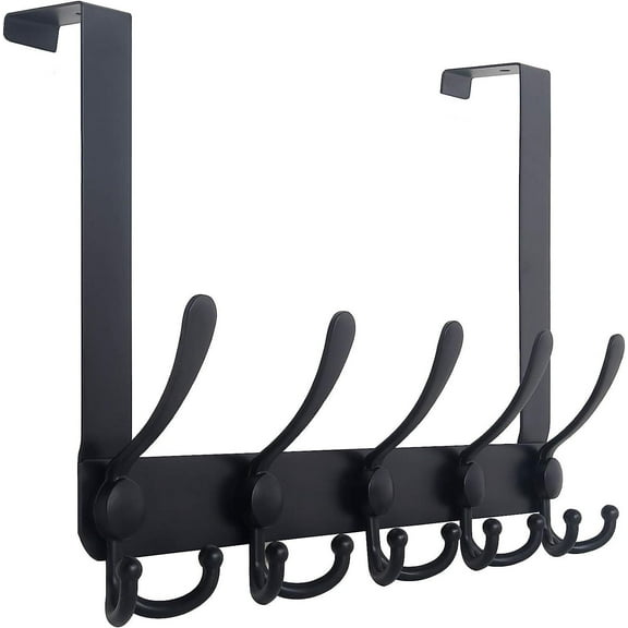 Over The Door Hook Hanger - 5 Tri Hooks, Heavy Duty Over The Door Towel Rack Coat Rack for Clothes Hat Towel, Black
