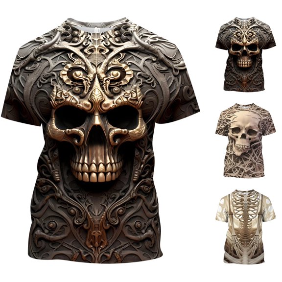 TrendOFT Summer Shirts for Men Trendy Skull Armor 3D Printed Fashion Crew Neck Short Sleeve Loose Casual Daily Outdoor Mens Tops Black L