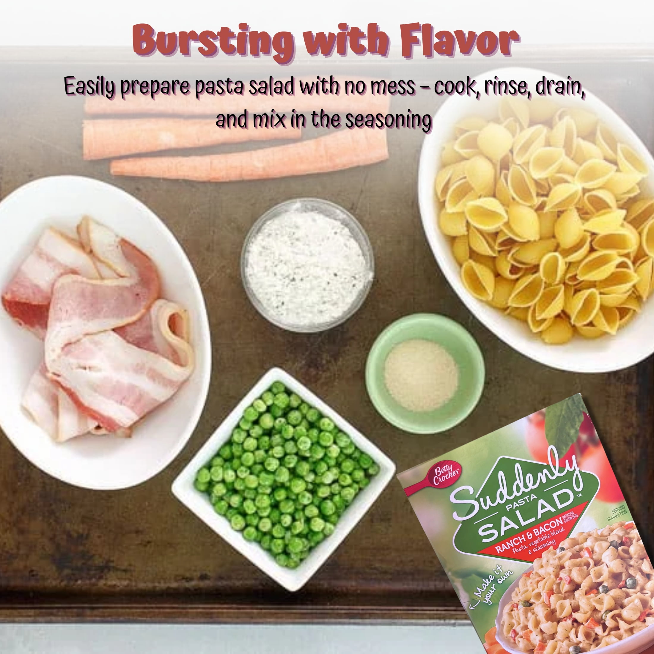 Betty Crocker Suddenly Pasta Salad Mix, Ranch & Bacon Flavor, 3.7oz Shell Pasta Dish Vegetable Blend Seasoning Easy Prepare Meal Snack Main Side Dish Instant Lunch Thanksgiving Dinner Gift Pack of 6