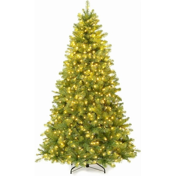 GOFLAME 7ft Pre-Lit Christmas Tree, Artificial Xmas Tree with 700 LED Lights & 1188 Branch Tips, Hinged Christmas Tree with Solid Metal Stand for Indoor Outdoor Decoration