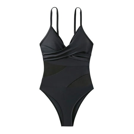 Hassda Clearance Tankini Swimsuits For Women Tummy Control Swimsuit One Shoulder Bathing Suits For Women Full Coverage Cutout Mesh Sexy Swimwear One Piece Swimsuit Women Black S-2XL