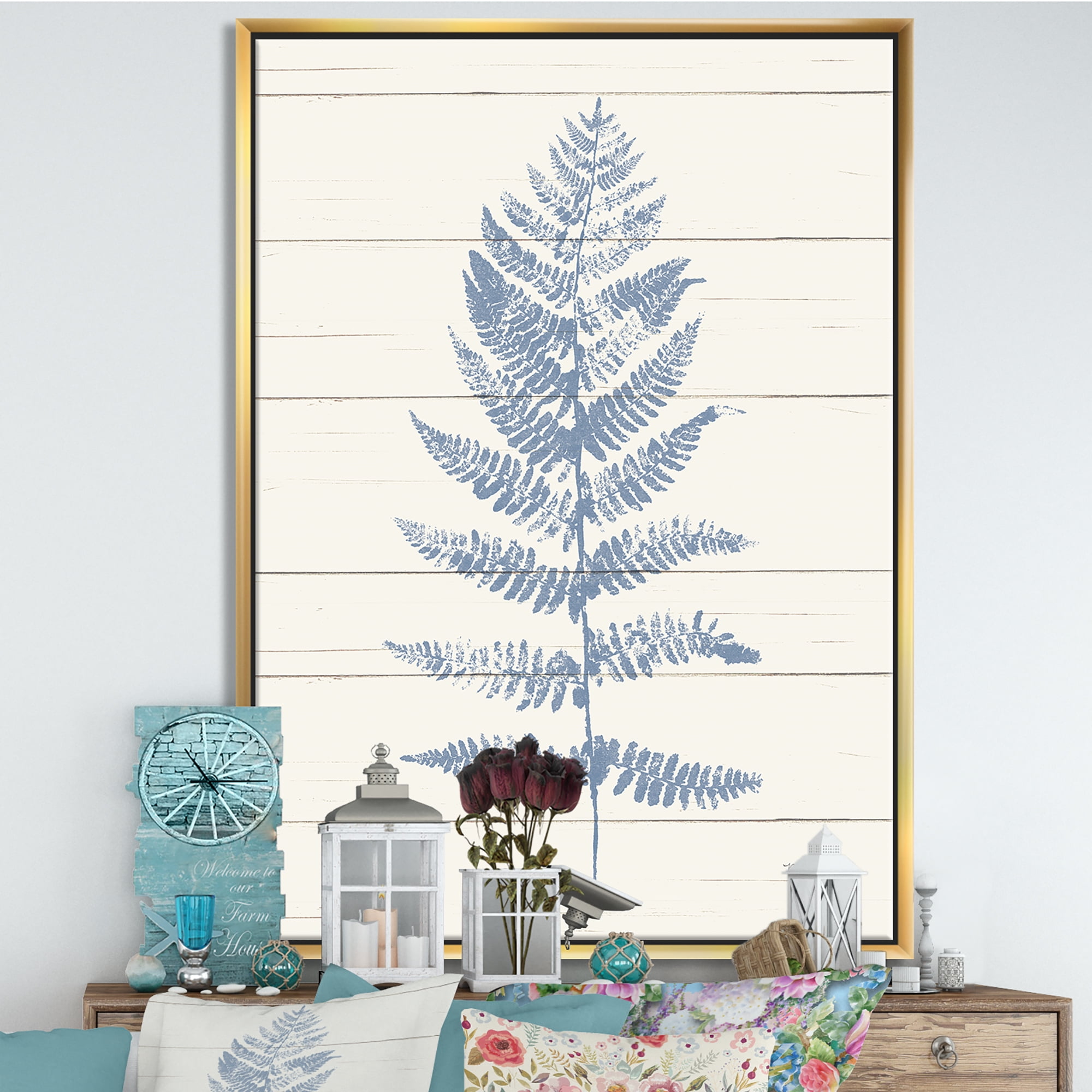 Designart ' Blue Fern Print on wood II ' cabin & Lodge Framed Canvas