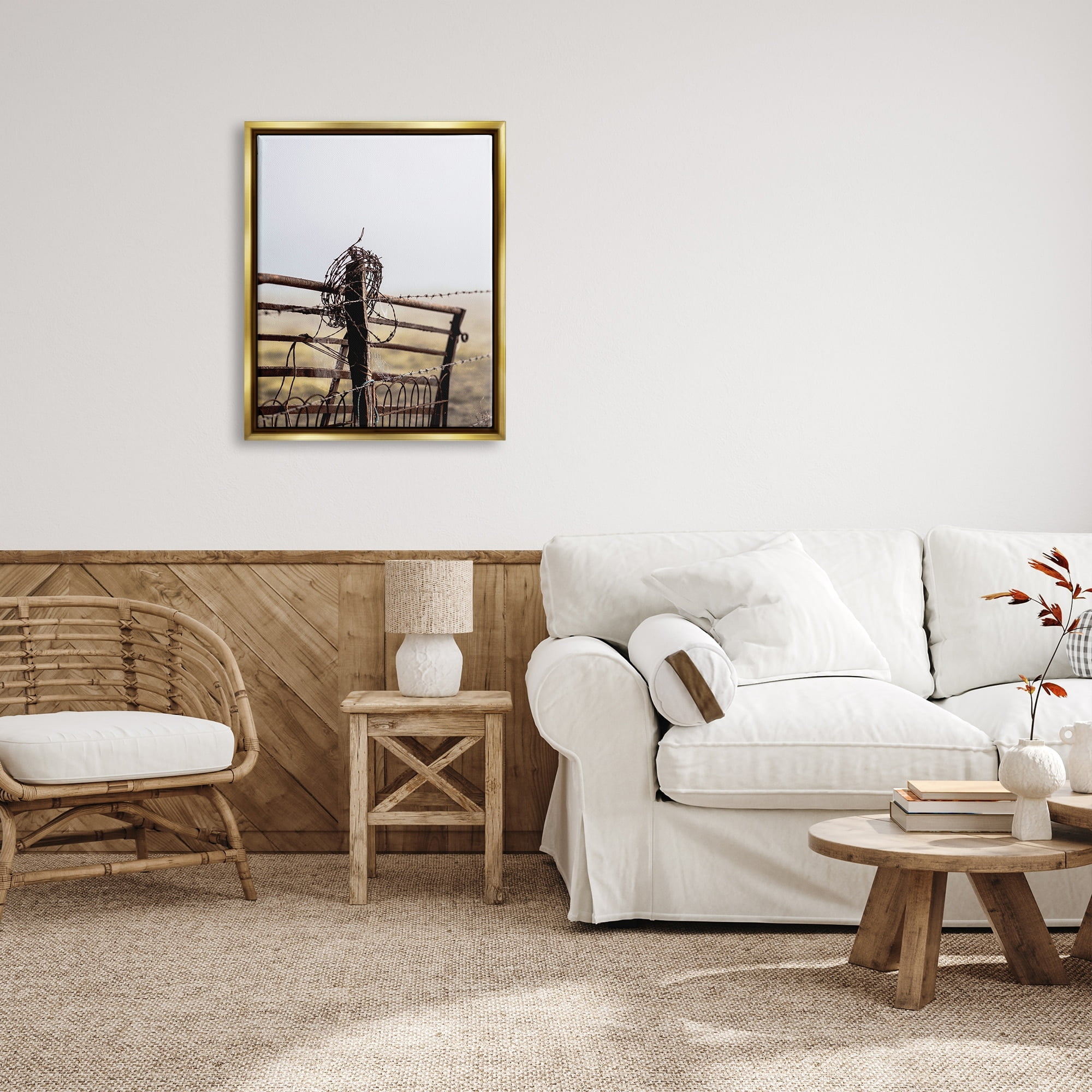Stupell Industries Rural Meadow Fence Barbed Wire Countryside Photography Photograph Metallic Gold Floating Framed Canvas Print Wall Art, Design by Leah Straatsma