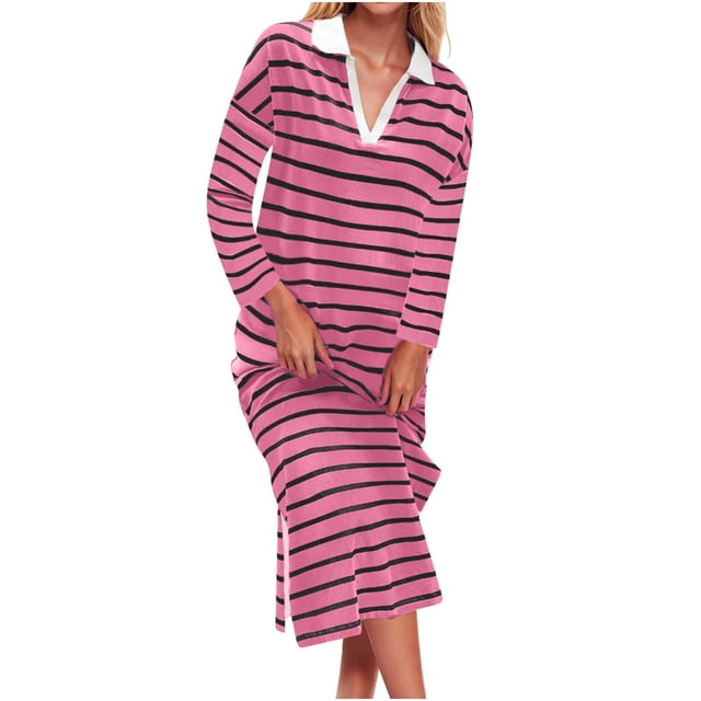 NJDVHB Économies d'Automne Hiver! Robes d'Automne pour Femmes, Robes de Vacances pour Femmes, Robe Longue à Manches Longues Rayée Col Rabattu Fente Latérale Décontractée Plage Maxi Robes, Rose Vif, TG