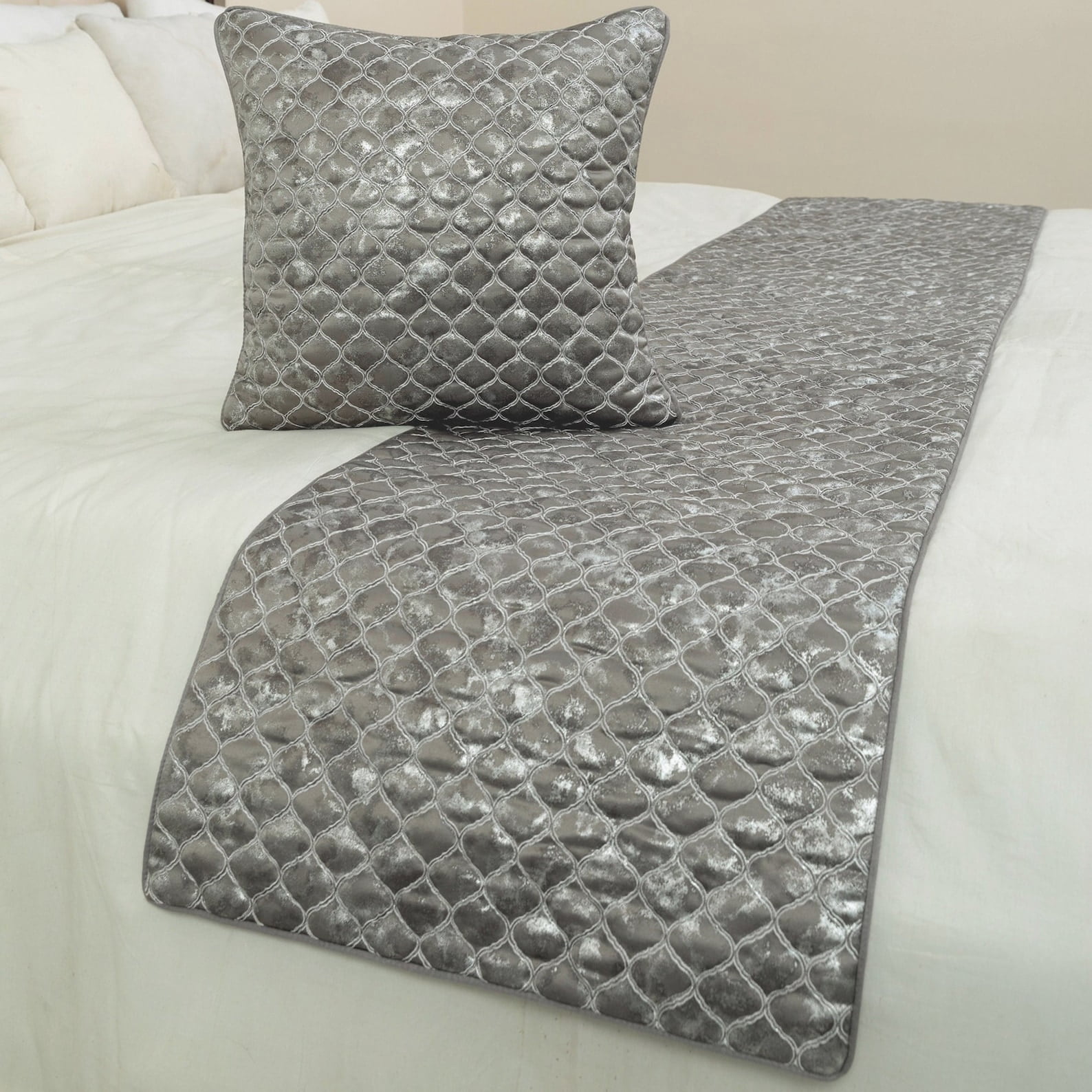 The HomeCentric King / Queen / Twin Grey & Silver Designer Twin 53"x18" Bed Runner WITHOUT Pillow Cover, Quilted, Foil & Trellis Bed Scarf on Silk fabric - Jumanah