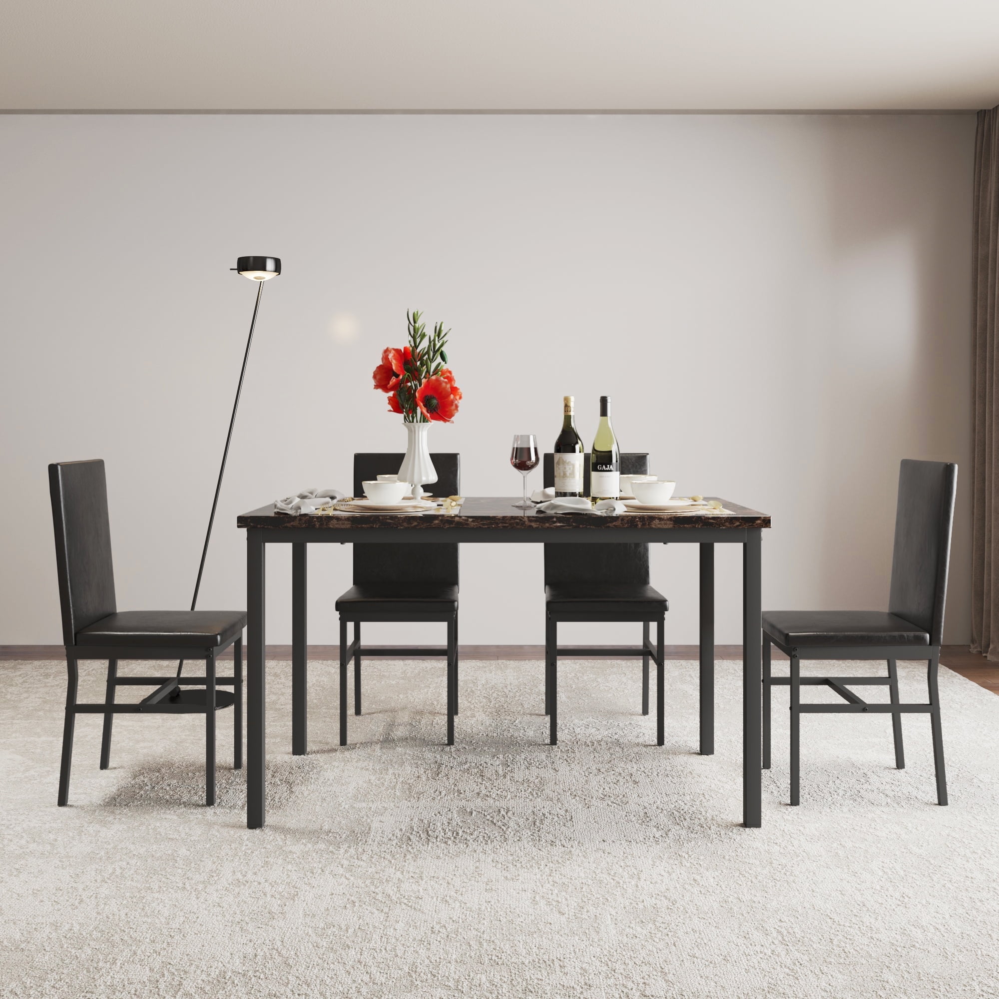 AWQM 5 Piece Dining Table Set for 4,Faux Marble Kitchen Table and Chairs for 4, Modern Dining Room Table with 4 Chairs,Dinner Table Set for Small Spaces, Brown