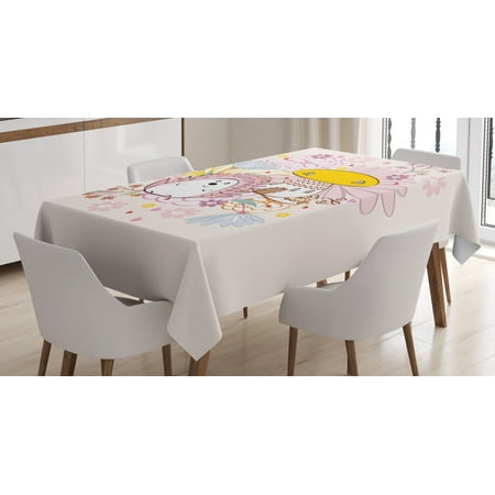 Dining Room Floral Arrangements Hedgehog Tablecloth, Abstract Background with Mushroom House Hedgehog with Floral Arrangement, Rectangular Table Cover for Dining Room Kitchen, 60 X 90 Inches, Baby Pink Yellow, by Ambesonne ()