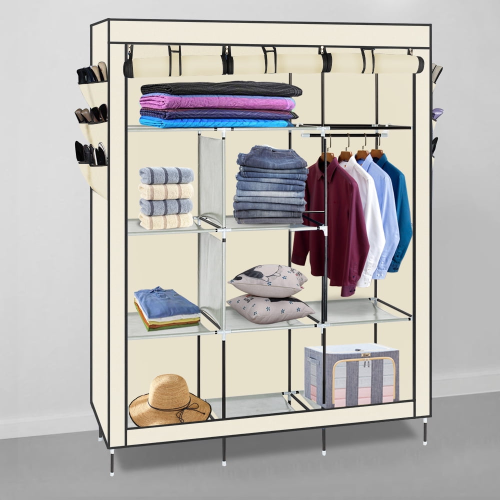 69" Portable Closet Wardrobe Clothes Rack Storage Organizer with Shelf Beige 