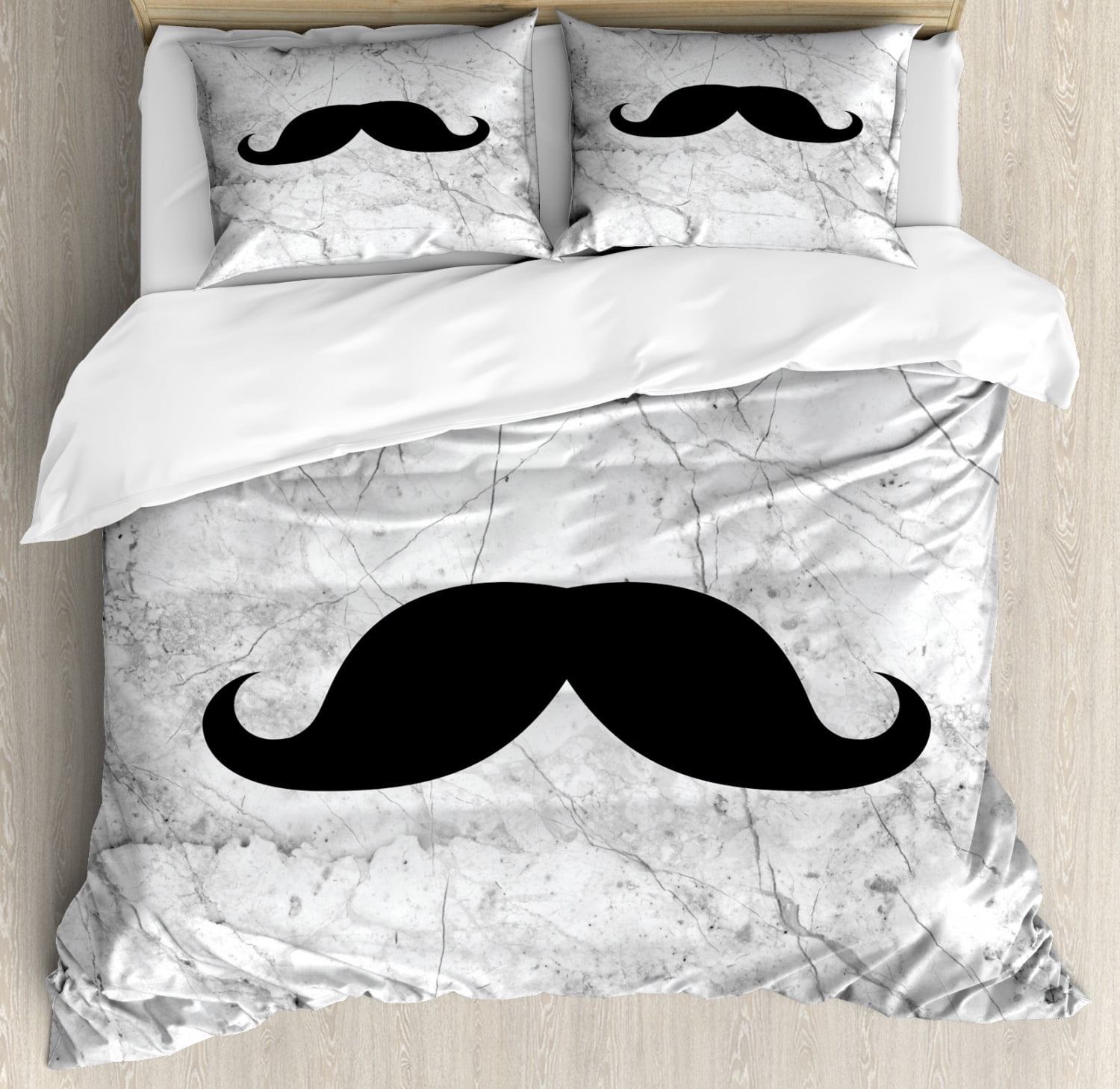 Manly Duvet Cover Set Queen Size, Mustache Motif on Cracked Weathered
