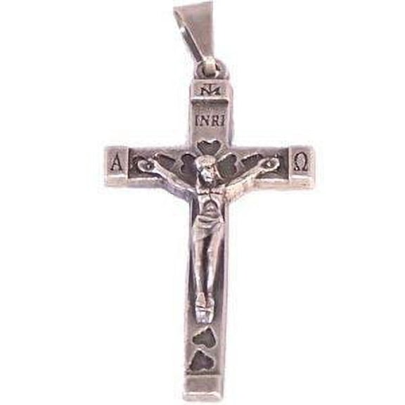 Pewter rosary crucifix - NEW MILLENNIUM METAL CROSS with Hearts - Alpha and Omega model (4 cm or 1.6 inches)
