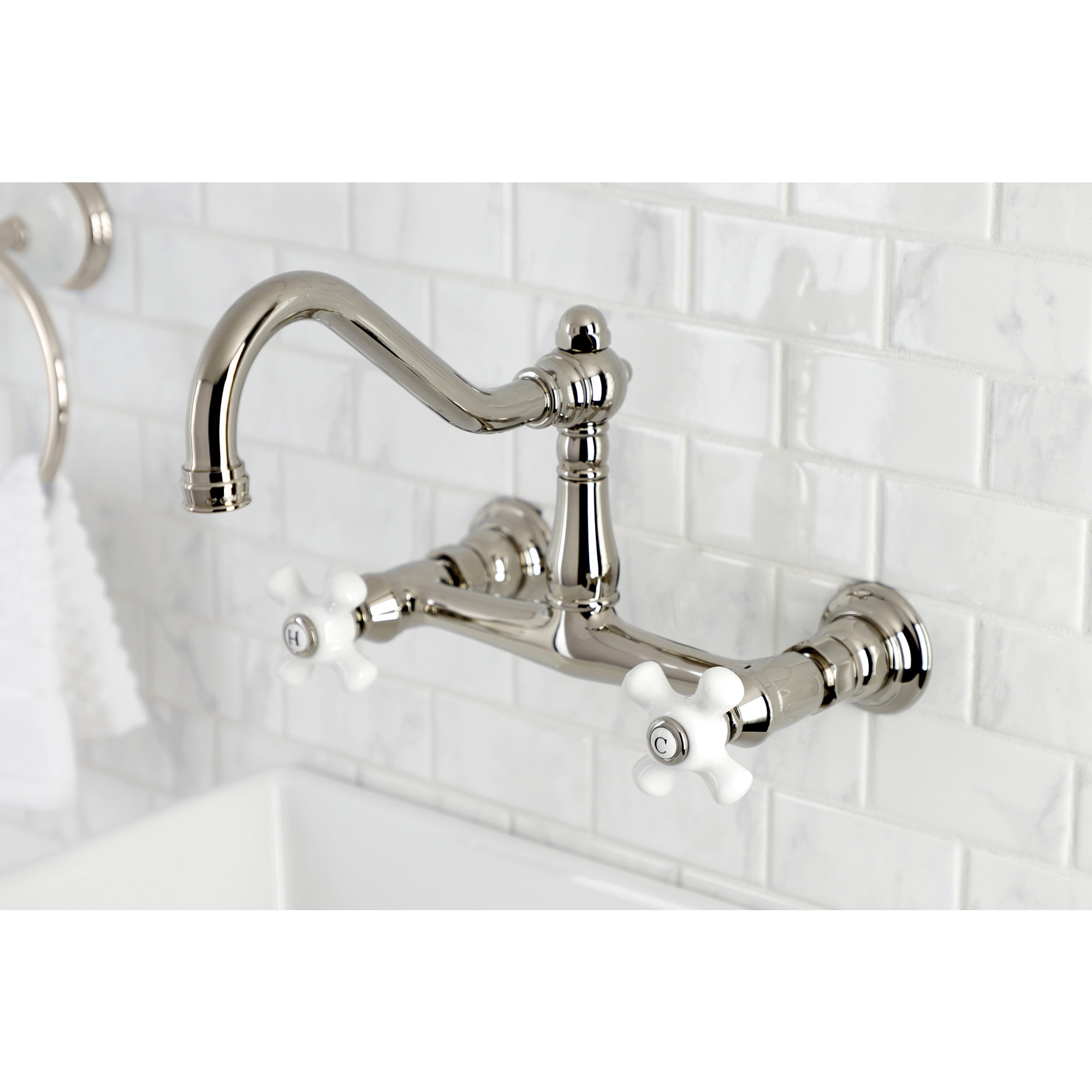 Kingston Brass KS3246PX Vintage Double-Handle Wall Mount Bathroom Faucet, Polished Nickel