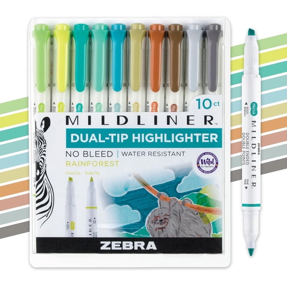 Mildliner Dual-Tip Highlighter Set, Broad and Fine Tips, No Bleed, Ideal for Bible Highlighting, Giftable Art Supplies and Teacher Gifts, Assorted Rainforest Ink Colors, 10-Pack (78401)