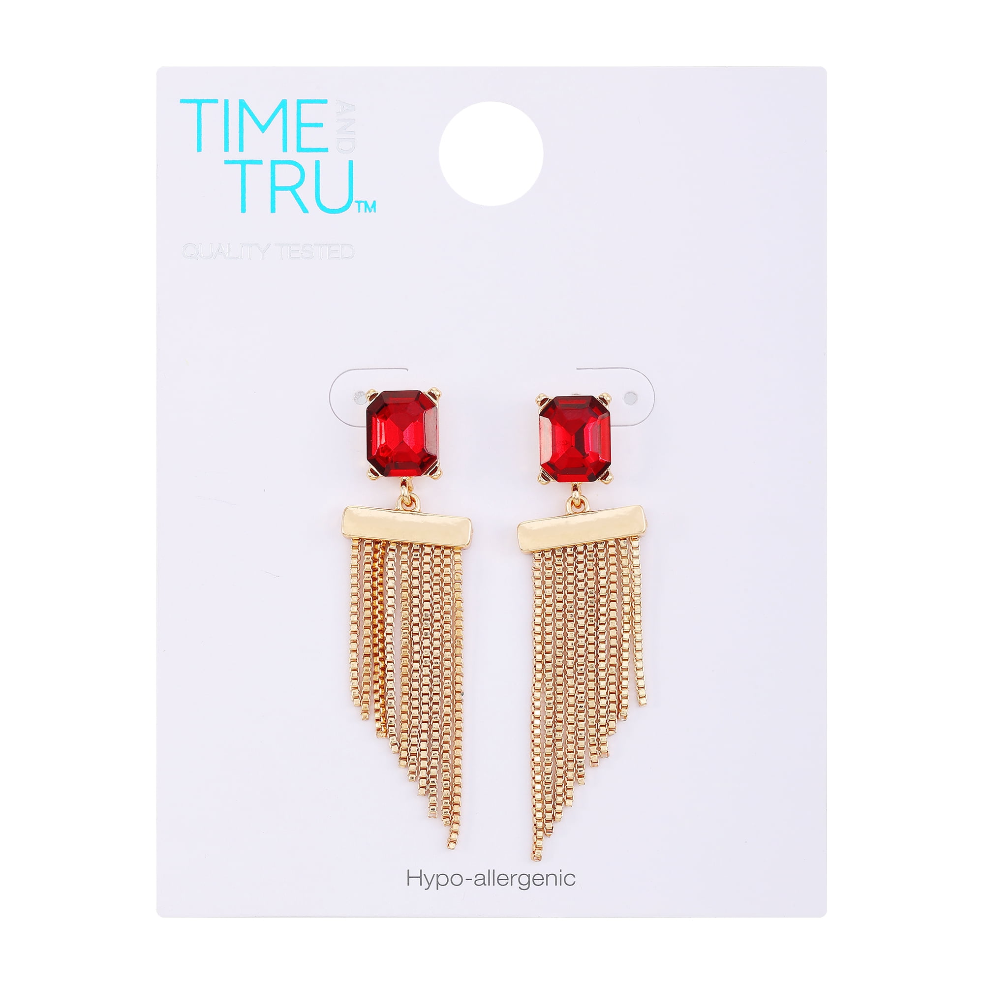 Time and Tru Women's Gold Tone Statement Earring with Garnet Rectangle Stone Post and Fringe Drop