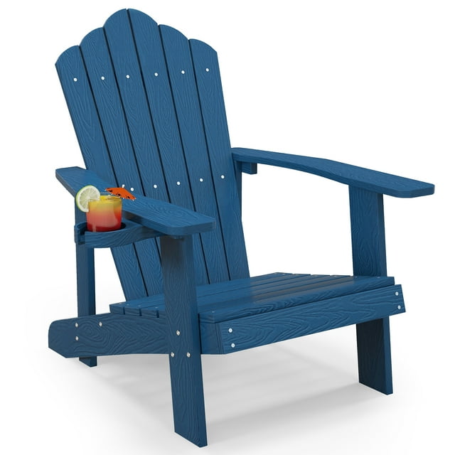 Gymax Patio HIPS Outdoor Weather Resistant Slatted Chair Adirondack Chair w/ Cup Holder Navy
