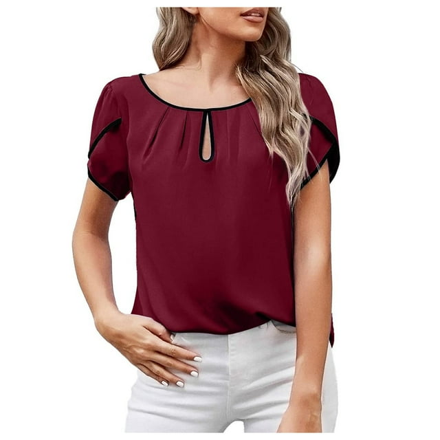 B91xZ Hauts pour Femmes Tendance Manches Courtes Double Couches Col en V Tuniques Habillées, Rouge TG