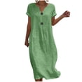 thumbnail image 3 of Women's Casual Dresses Notch V Neck Rolled Short Sleeve Loose Straight Maxi Dress With Decorative Buttons for Daily Beach, 3 of 6