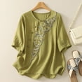 thumbnail image 2 of DeHolifer T-Shirts for Women Plus Size Cotton Linen Half Sleeve Embroidered Crewneck Casual Loose Blouse Green 2XL, 2 of 7