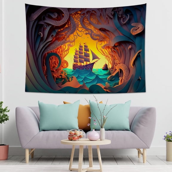 Nautical Tapestry Wall Hanging Sailboat Tapestries Pirate Sailing Ship Tapestry Ocean Wall Art Large Wall Decor for Living Room, Bedroom