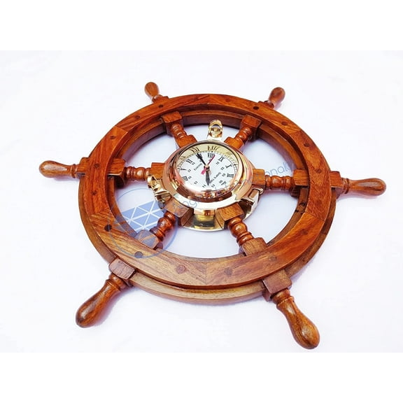 Wooden Ship Wheel Jhanjhat Solid Brass Polished Porthole Clock Mounted (White Roman Dial) - (12 Inches)