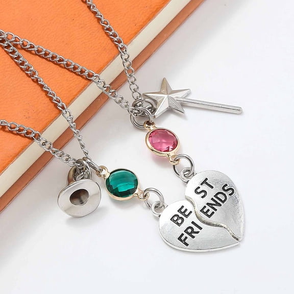 2pcs Alloy Emerald and Rose Rhinestone Witch Best Friends Heart Pendant Couple Necklaces for Women Platinum 19.69 inch(50cm) Heart: 20x13mm