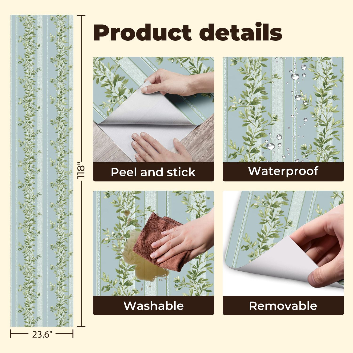 Sage Green Peel and Stick Wallpaper Vintage Botanical Floral Green Leaves Blue Wall Mural 23.6in x 9.8ft Self Adhesive Removable Wall Paper Renter Friendly Wallpaper for Girls Bedroom