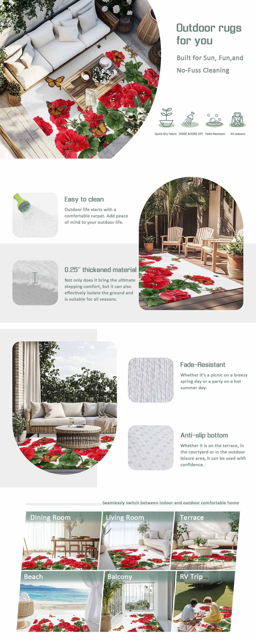 Red Spring Floral Outdoor Rug for Patio/Deck/Porch, Non-Slip Large Area Rug 4 x 6 Ft, Butterfly Farmhouse Indoor Outdoor Rugs Washable Area Rugs, Reversible Camping Rug Carpet Runner