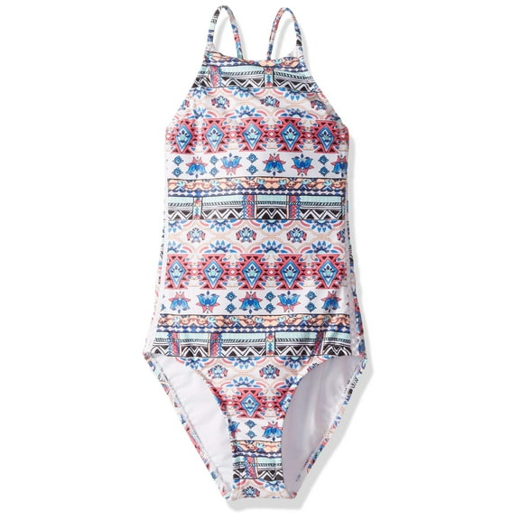 Seafolly Girls' High Neck Tank One Piece Swimsuit with Criss Cross Back, Multi, 12