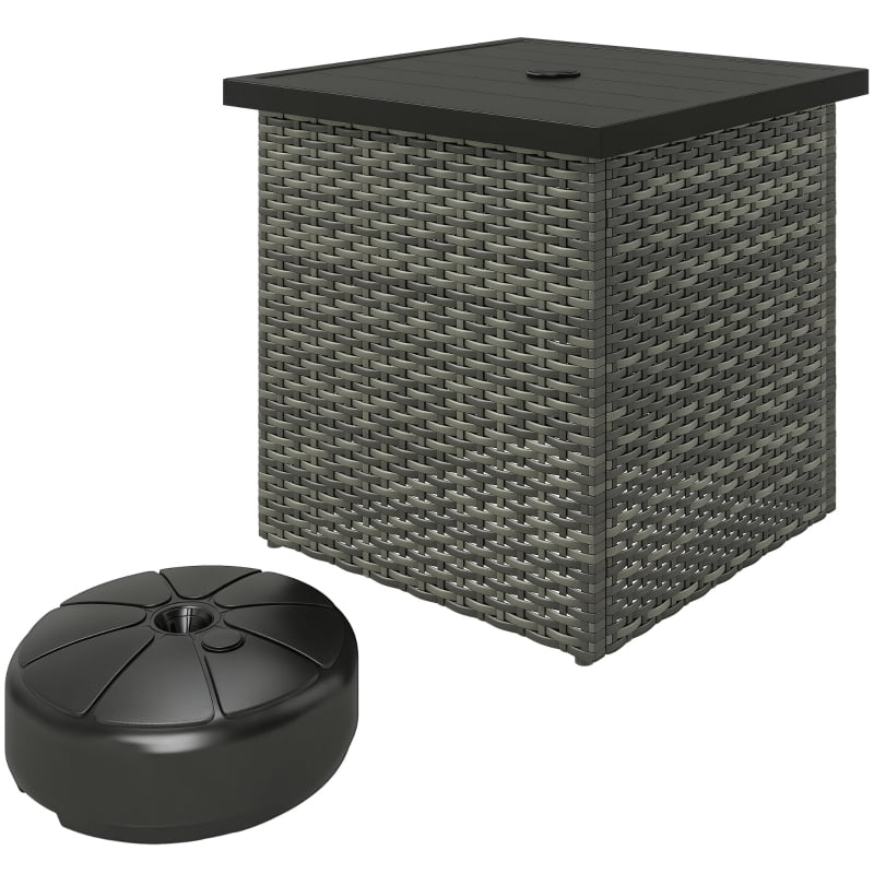 HOQBN Wicker Side Table with 1.5" Umbrella Hole, Square Outdoor End Table with UV-Resistant Frame, Storage Space, Mixed-Gray