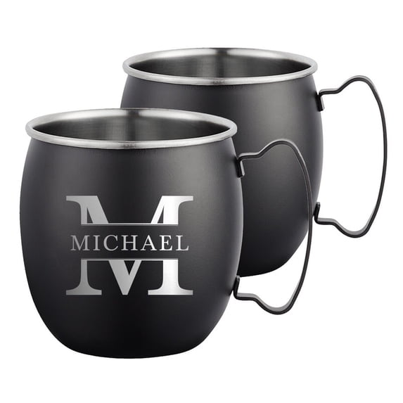 PERSONALIZED Monogram Letter Initials Gift Idea:Round Monogram Custom Engraved Classic Moscow Mule Mug Sturdy Handle Rolled Rim, Smooth Black Finish 16 oz, Set of 2, Traditional
