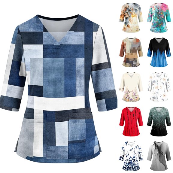 Wutalume Women's 3/4 Sleeve Blouses Tops - Floral V-Neck Scrub with Pockets Side Slit, 3/4 Sleeve Shirts for Women, Breathable Nurse Uniform,Blue L
