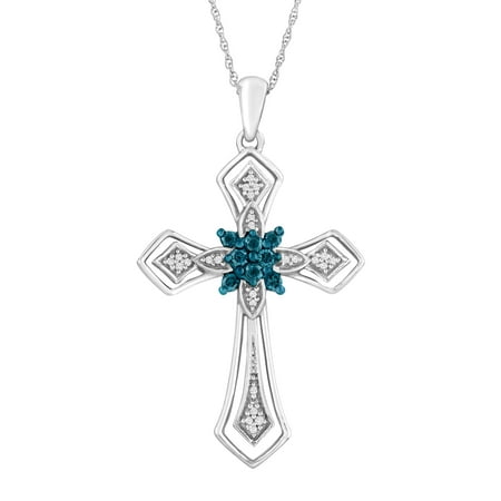 1/4 ct Blue & White Diamond Cross Pendant Necklace in 10kt White Gold