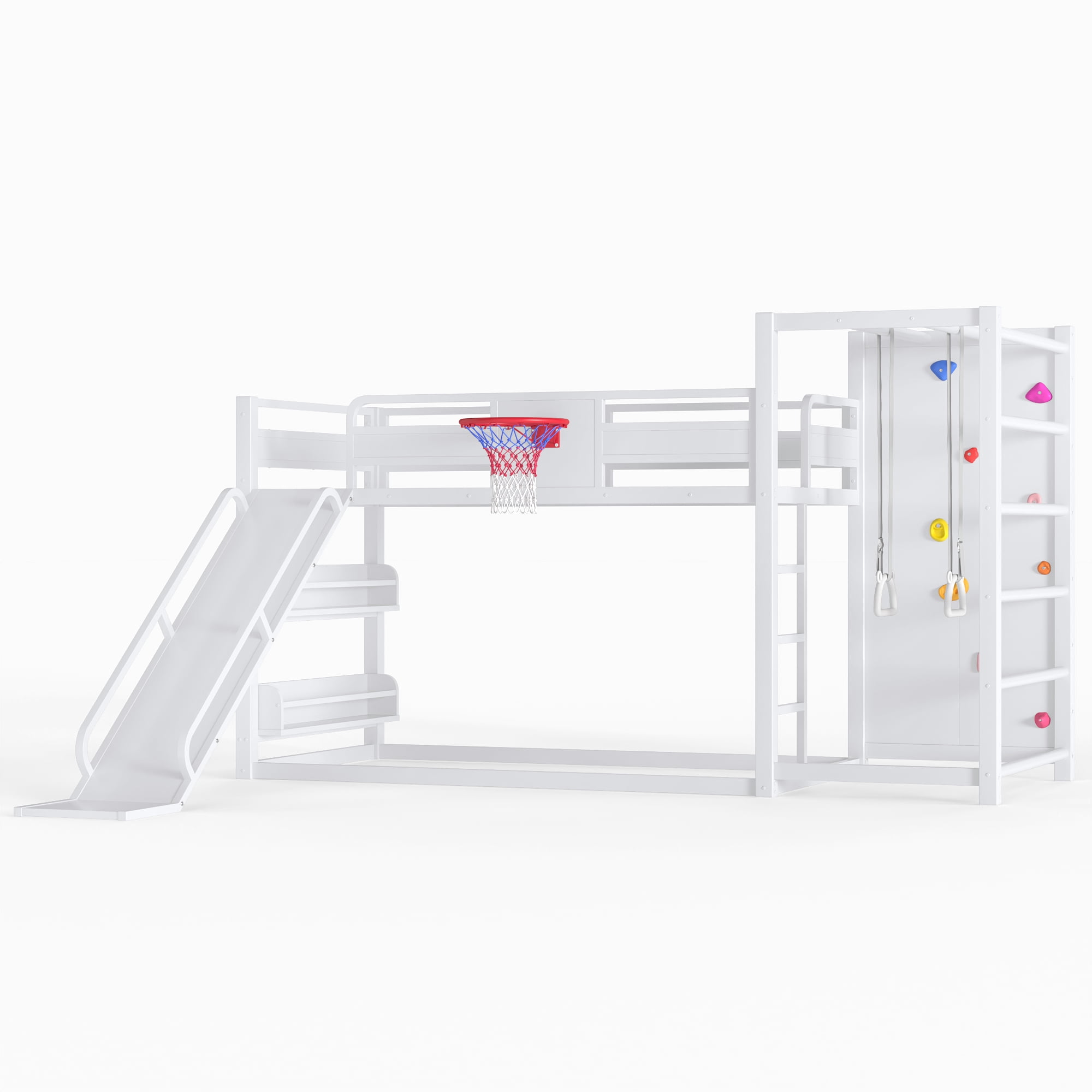 Twin Size Loft/Bunk Bed with Basketball Hoop, Pull-up Rings and Climbing Wall, Metal Loft Bed Frame with Slide and Bookshelves, Heavy Duty Bunk Beds with Guardrail