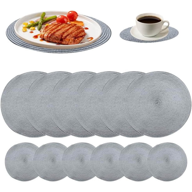 Manteles Individuales Redondos con 6 Piezas y Portavasos 6 Pieza Posavasos para Comedor Antideslizantes lavables Tapetes Redondos Resistentes al Calor y a las Manchas Manteles Individuales Hotel(Gris)
