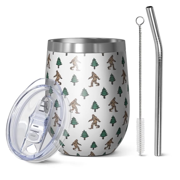 12oz Stemless Wine Tumblers White Bigfoot and Pine Tree Pattern Vacuum Insulated Stainless Steel Travel Tumbler Cups Mug with Lid and Straw for Champaign,Cocktail,Beer with Cleaning Brush